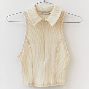 Urban Outfitters Beige Reece Ribbed Sleeveless Collared Zip-up Blouse